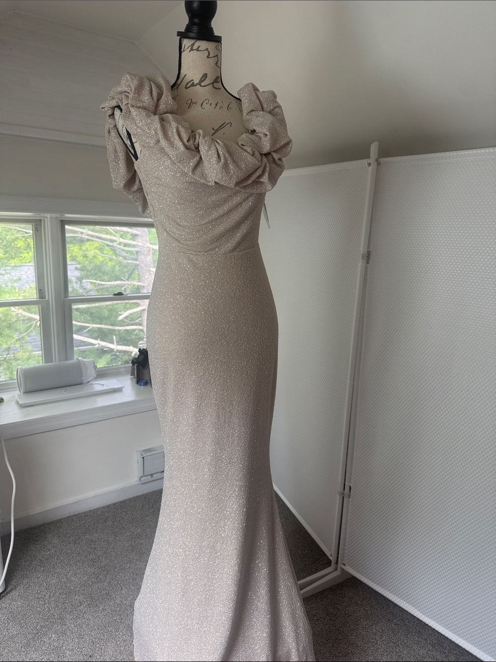 Windsor Sparkle Ruffle One-Shoulder Maxi Dress in Champagne